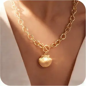 14K Gold Plated Chunky Necklace for Women Trendy Paperclip Chain Thick Cross Heart Pendant Layered Herringbone Cuban Link Toggle Non Tarnish Jewelry