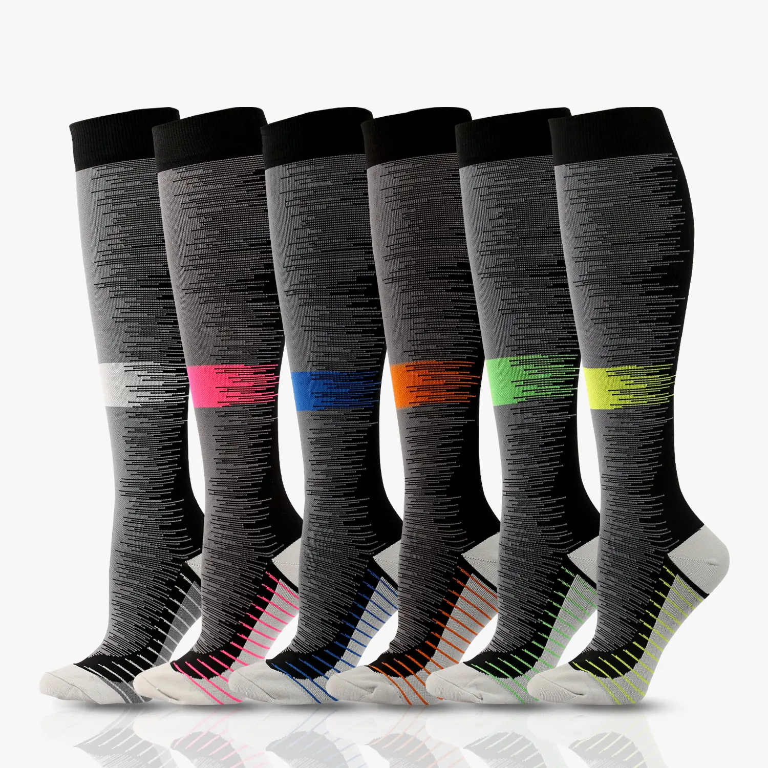 6pcs set of energetic compression calf socks, suitable for running and hiking - breathable, elastic sports socks with arch support, colorful stripe design colorful pattern