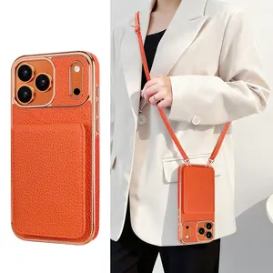 Crossbody lanyard leather flip card slot mobile phone case compatible with iphone 17 16 pro max 17pro 17promax Lanyard cellphone cover with strap Smartphone Casing