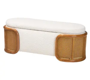 Baxton Studio Basira Cream Boucle Fabric RattanStorage Bench