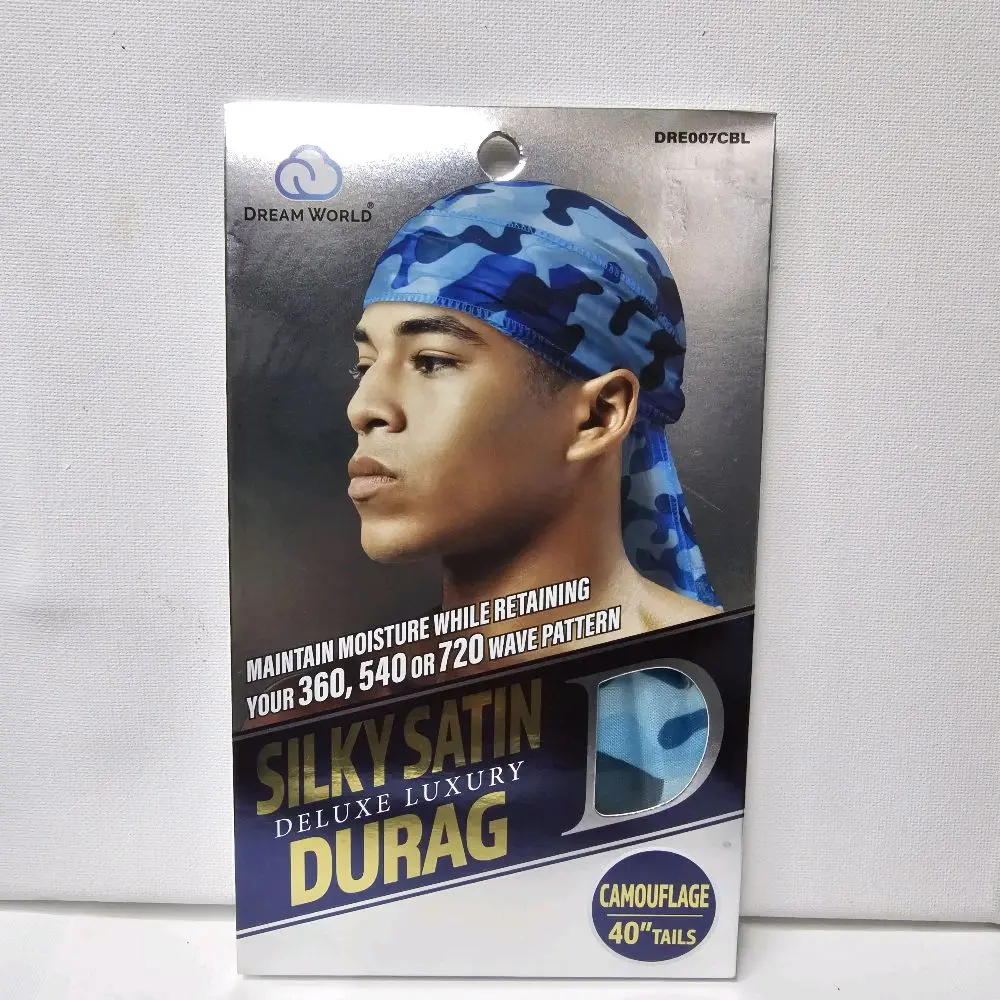 Dream World Silky Satin Durag Camouflage Black DRE007CBL Deluxe Luxury 40" Tails Maintain Moisture 360 540 720 Wave Pattern