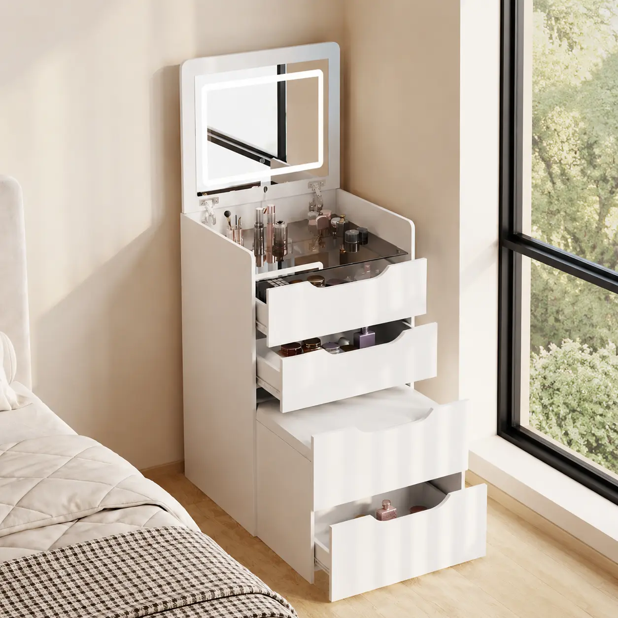 White 3-in-1 Compact Vanity Set with LED Lighting Mirror, Transparent Glass Tabletop, Flip-Top Design, 3 Drawers, Sturdy Durable Storage Stool - Drawer Organization, Perfect Gift for Family, Bedroom Indoor Furniture Desk