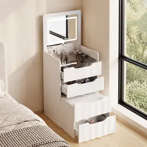 Compact 3-in-1 Vanity Set , Featuring a Mirror with Built-in Lighting, Transparent Glass Tabletop, Flip-Top Design, and 3 Drawers,Includes a Matching Storage Stool, Ideal for the Bedroom,White installation