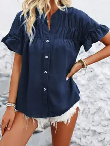 A women's solid color pleated shirt with buttons, linen and cotton stand-up collar, short sleeves, suitable for summer, suitable for daily commuting and wear.