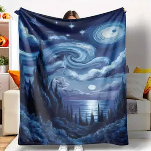 Starry Night Ocean View Flannel Blanket Van Gogh Inspired Sky Print Soft Warm Cozy Lightweight Perfect for Bedroom Living Room Sofa Travel Gift tiktokshopspringglowup