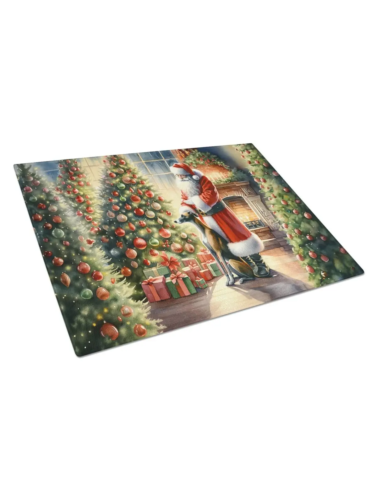 Kitchen Printed Chopping Board, 15x12 in. Unisex Greyhound & Santa Claus Glass Cutting Board