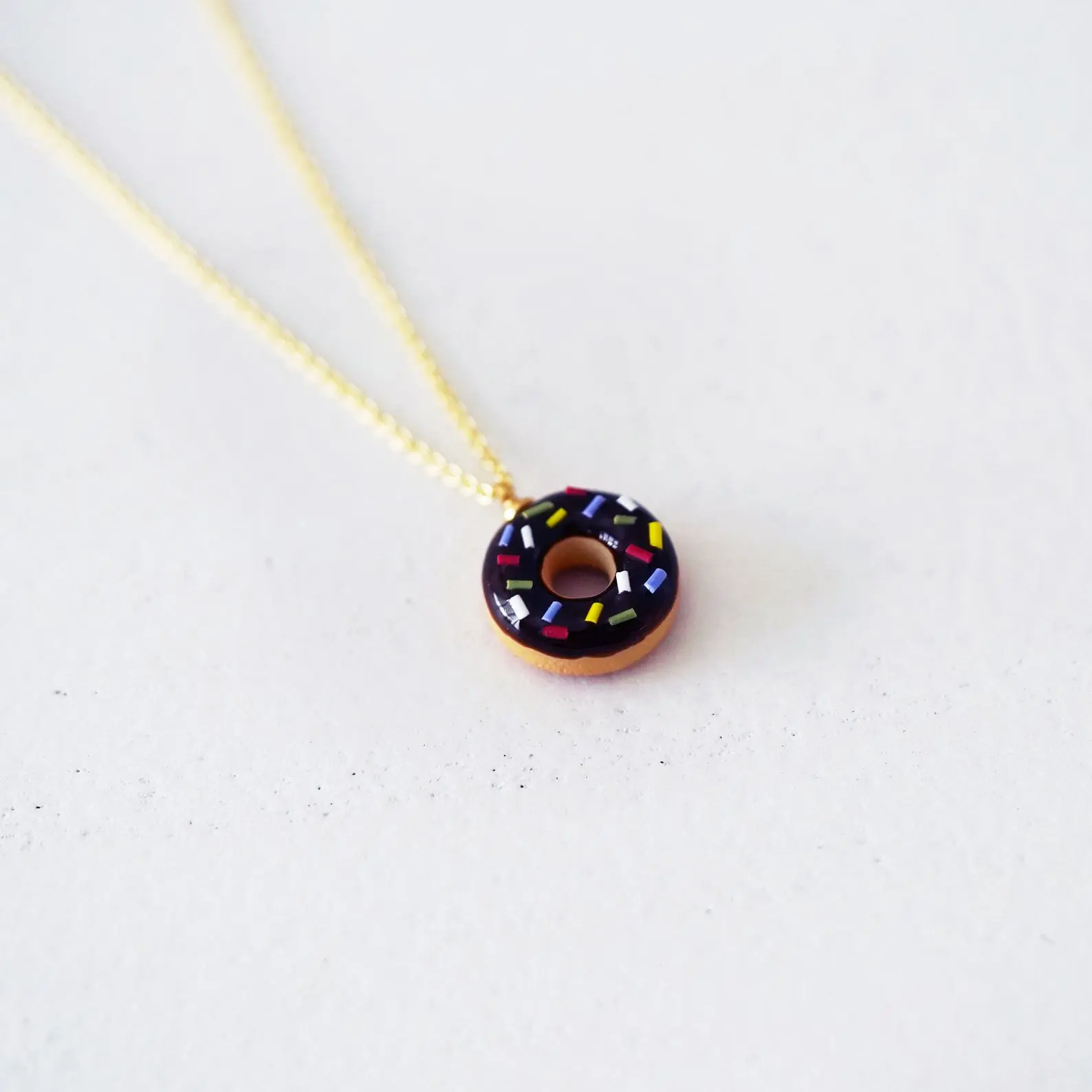 Classic Mini Chocolate Sprinkle Doughnut Necklace Handcrafted Polymer Clay & Resin 17 Inch Chain 14x14mm Donut Charm for Sweet Tooth Jewelry Lovers