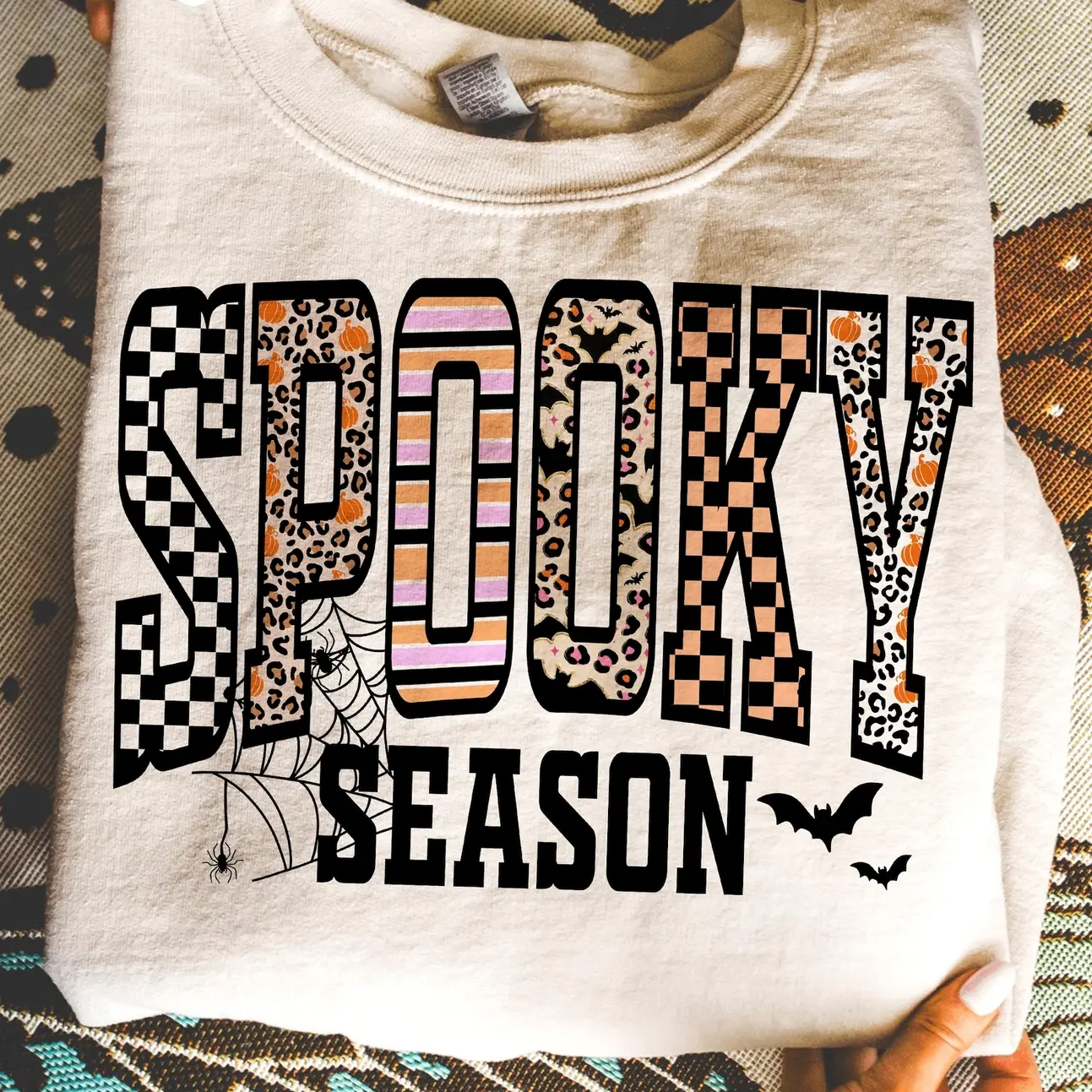 Retro Halloween Spooky Coquette Sweatshirt, Halloween Leopard Checkered Fall Pullover, Spooky Season Crewneck, Halloween Girly Fall Top