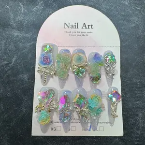 Flower type SIZE MEDIUM Y2K Press On Nails - Long Length with Diamond Accents, Easy Application & Removable Design for Everyday Wear Long Diamond nail sets