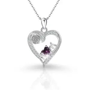 S925 Sterling Silver European And American Letter MOM Heart-Shaped Necklace With Rose And Twelve Birthstone Pendants
