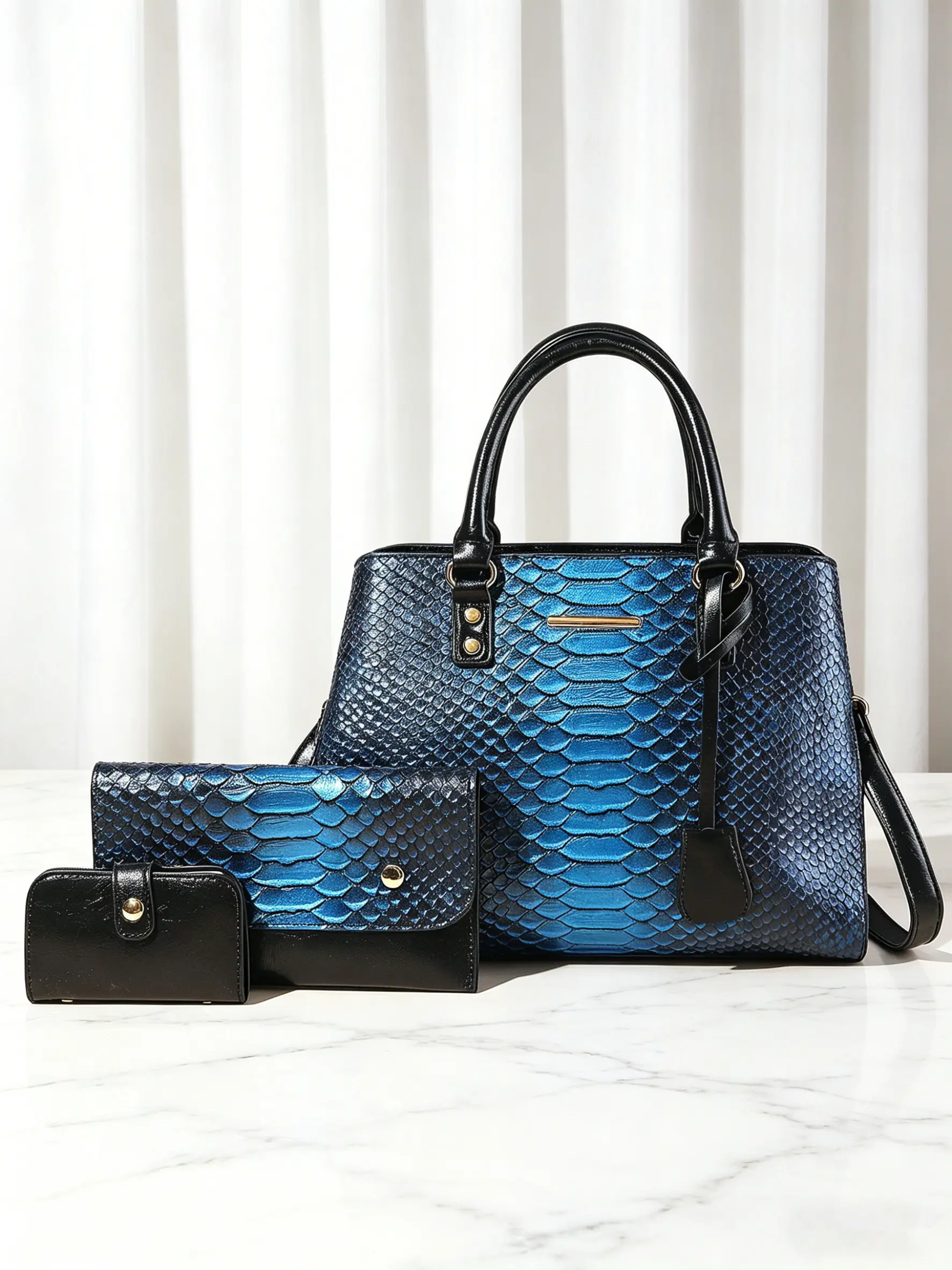 Women's 3-in-1 Snake Embossed Satchel Handbag Set - Elegant Blue Shoulder Purses with Matching Accessories, Business & Office/Events Use for Anyone Seeking a Stylish and Practical Handbag, Formal, Versatile Design