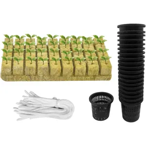 76 count Hydroponics Mesh Net Cup Kit - 20 Packs 2 Inches Slotted Mesh Net Pot Cups, 36Packs 1.5x1.5x1.5Inch Stonewool Starter Plugs, 20 Article Self Watering Cotton Wick Cord for Hydroponics