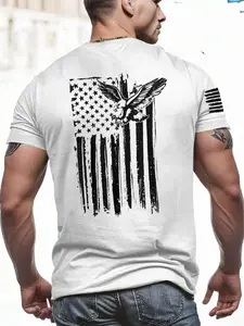 American Eagle Print T-Shirt, Classic Military Design, American Flag and Flying Eagle Pattern, Outdoor Activities, Comfortable Breathable Fabric