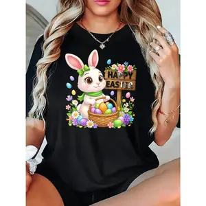 Easter Bunny T Shirt Black Happy Easter Rabbit With Basket And Flowers Print