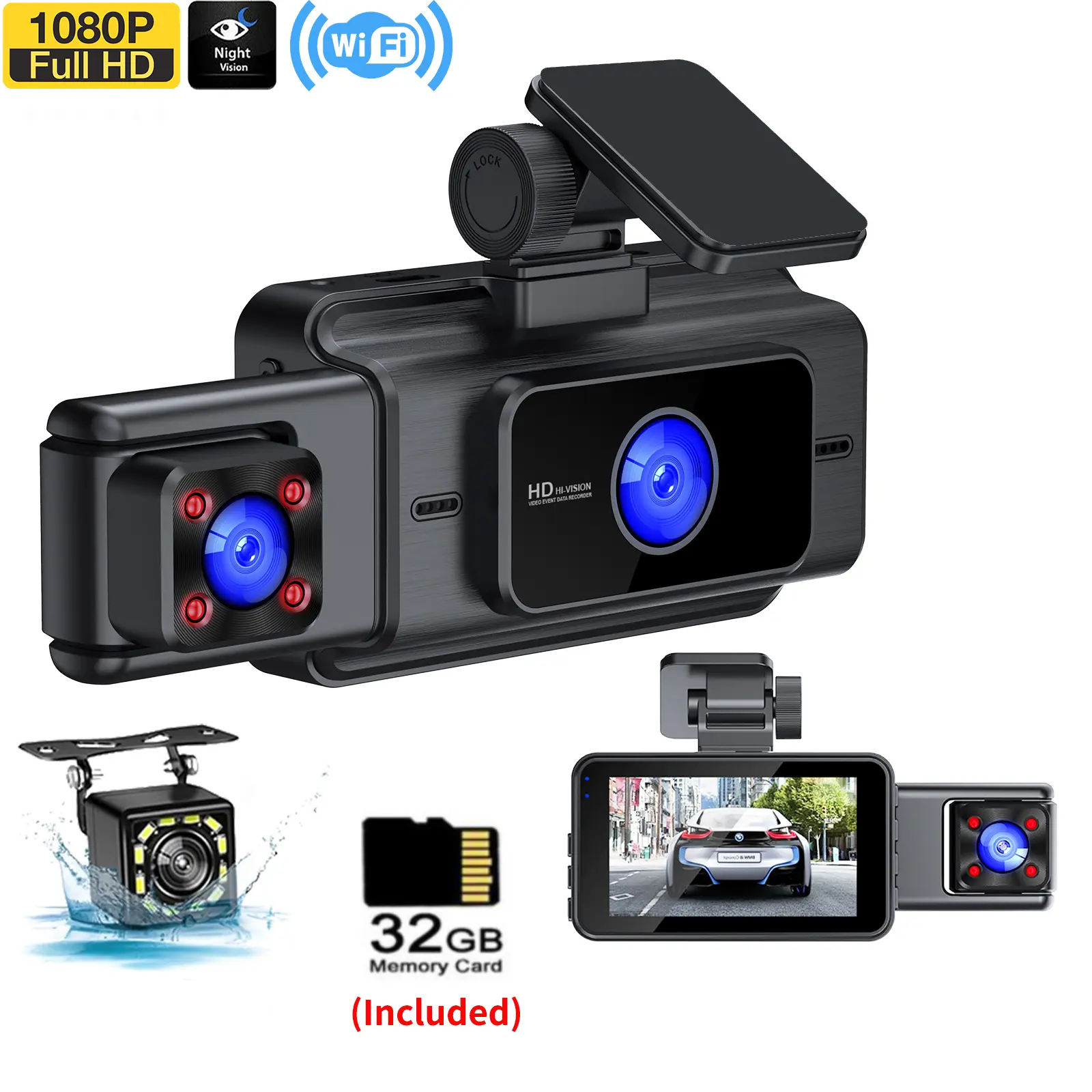 Triple Lens Full HD 1080P Dash Cam - Front, Cabin & Rear View Car DVR with Wi-Fi App for Quick Playback, 170° Wide Angle Night Vision, Loop Recording, Motion-Detect Save, Parking Mode Guard, 32G TF Card Included