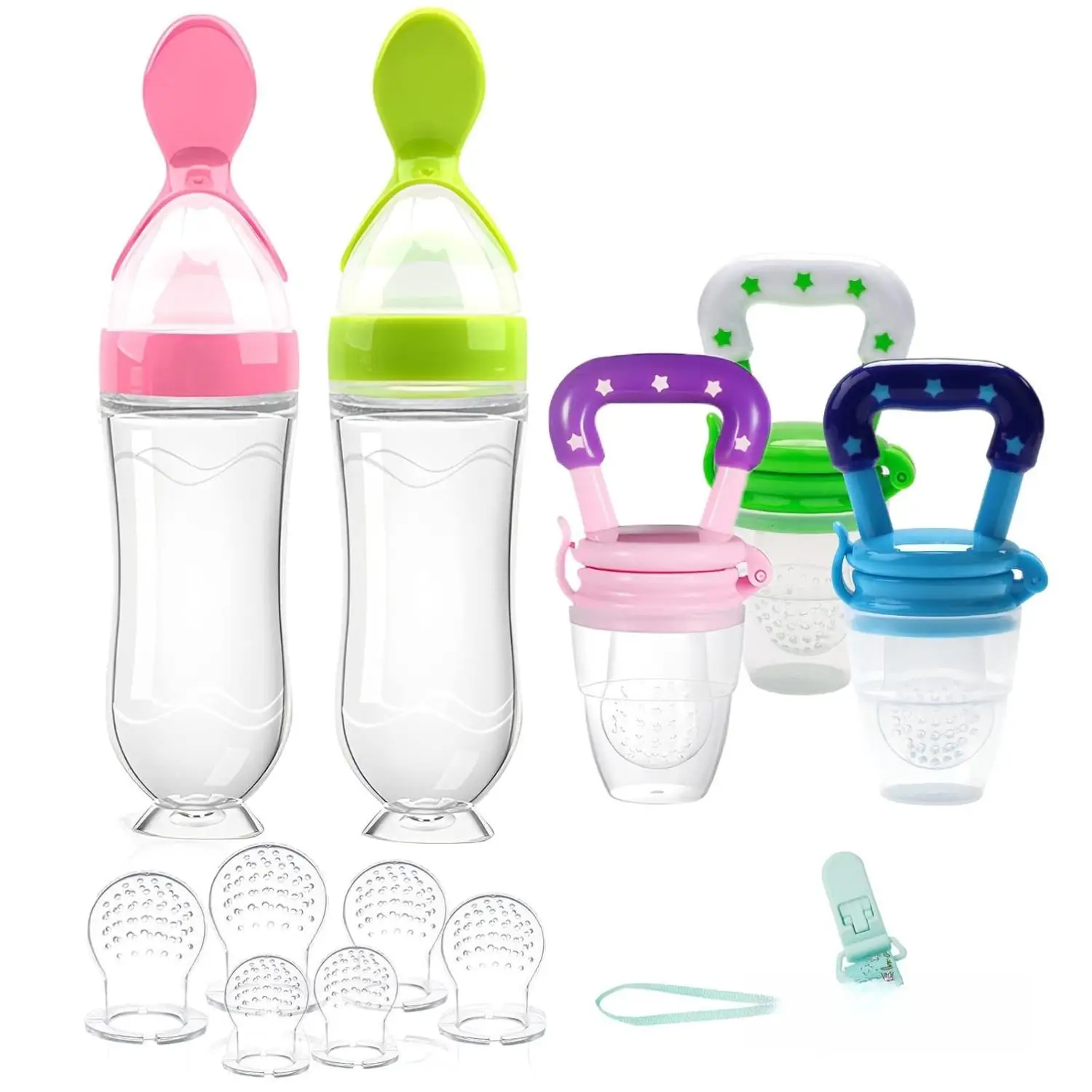 Food Feeder Baby Fruit Feeder Pacifier (3 Pcs) with 6 Different Sized Silicone Pacifiers 2 PCS Silicone Baby Food Dispensing Spoon 90ML with 2 Baby Sp