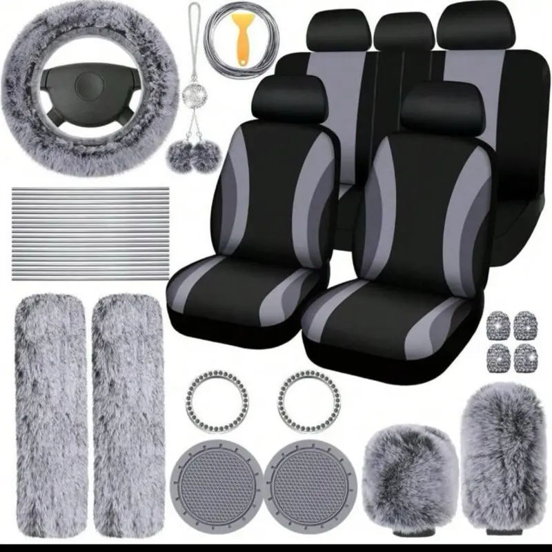 45-Piece Car Seat Covers & Interior Accessories Set, Car Interior Accessory, Polyester Five-Seat Car Seat Covers, Plush Steering Wheel Cover, Shoulder Pads, Gear Shift Knob Cover, Cup Pads, Tire Valve Caps, Stitching Trim Strips