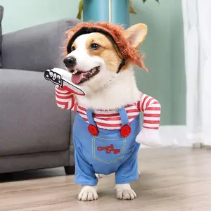 Funny Chucky Dog Costume with Pet Wig, Cosplay Scary Outfit with Knife, Creative Pet Costume for Small Medium and Large Dogs Cats Puppy Halloween