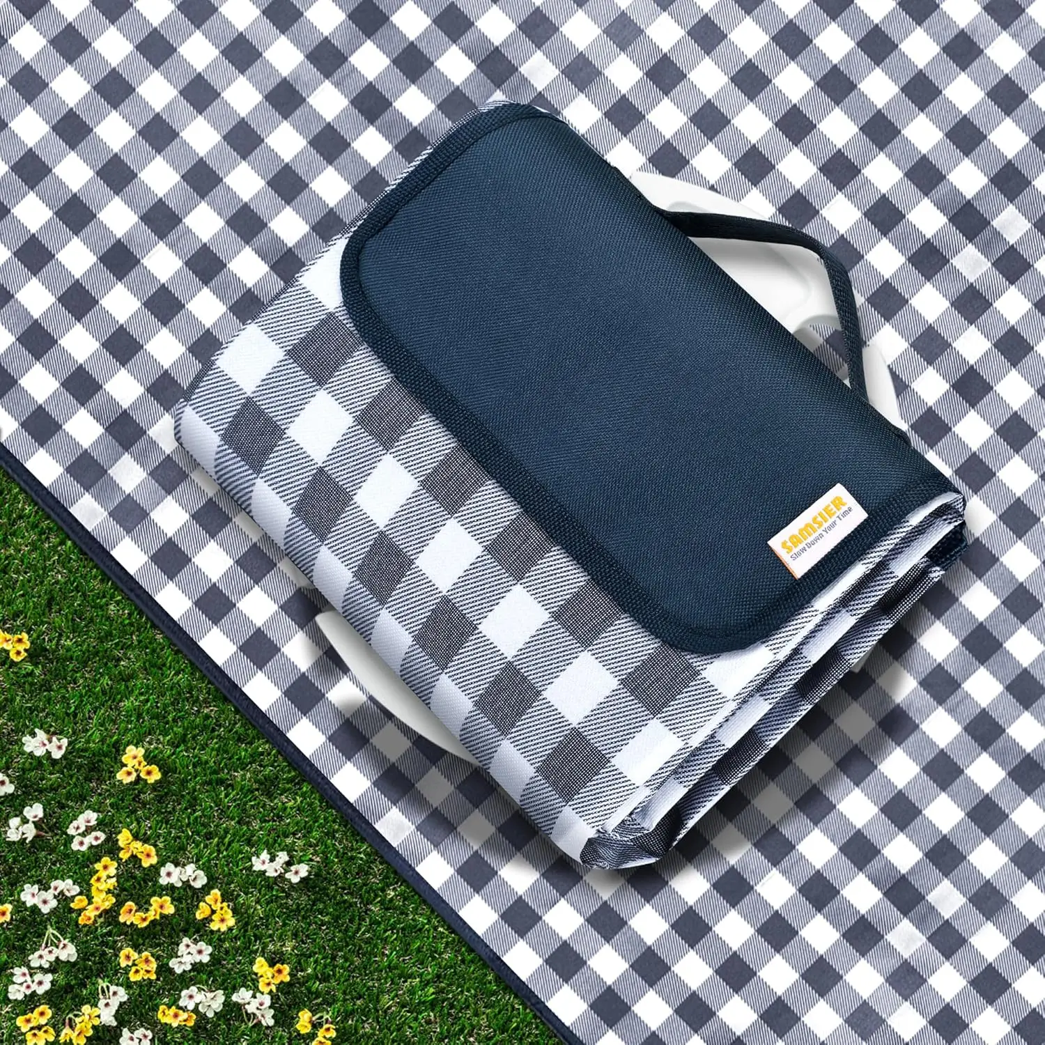 Foldable Picnic Blanket - Waterproof, Sandproof, Large Gingham Washable Portable Mat for Park, Beach (Navy Blue, 60"×80") | No-Sand, Water-Safe Picnic Blankets, Foldable Picnic Blankets