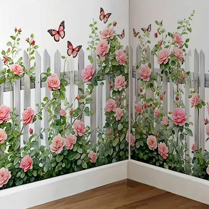 Elegant Butterfly Flower Fence Sticker, Butterfly Stickers, Flower Design Floral Decorative Self-Adhesive Wall Decal for Living Room Kitchen Dining Bedroom, Removable PVC, Floral Wall Decals