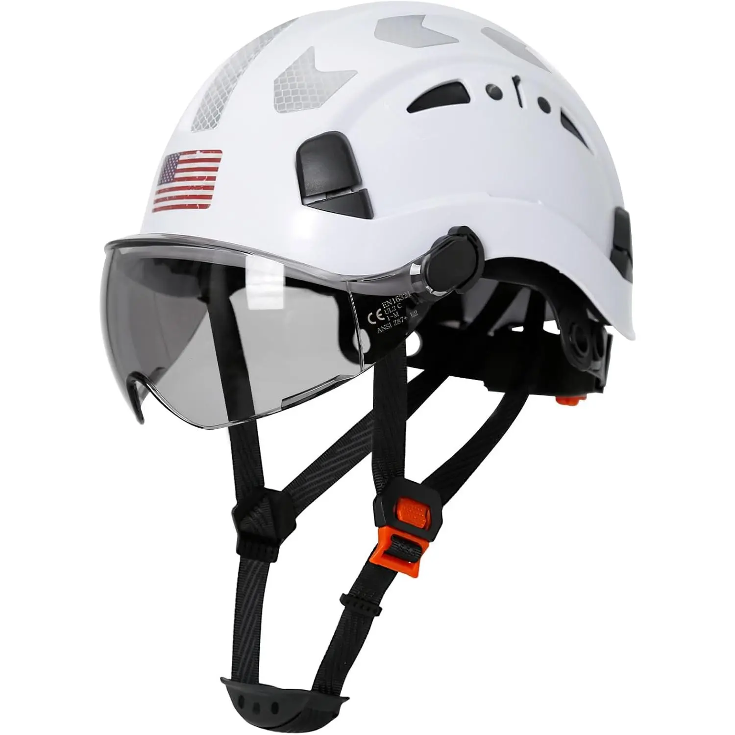 ABS Hard Hat for Scaffolding & Construction, Ventilated Cap Style with Integrated Flip-Up Smoke Visor, 6-Point Suspension, Dial-Fit Ratchet Adjustment, Adjustable Airflow, Hi-Viz Reflective Stickers, Eye Protection, Black, 11.8x9.4x6.3in, 53-63cm, Safety,