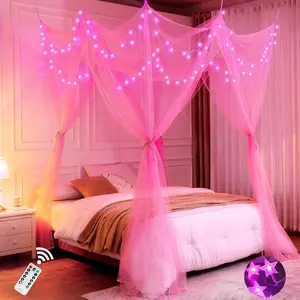 Pink Bed Canopy with Lights for Girls, 8 Corners  Canopy Bed Curtain with Pink LED Star Lights Remote Control for Girls Bedroom, Hanging Princess Canopy for  Full   Bed