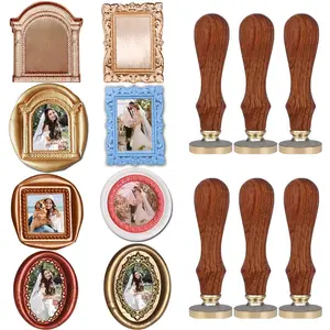 6pcs 3D Relief Frame Wax Seal Stamp Removable Brass Heads with 6 Wooden Handle 3D Embossed Photo Frame Sealing Wax Stamp for Wedding Invitations Scrapbooking Letters Gift Christmas