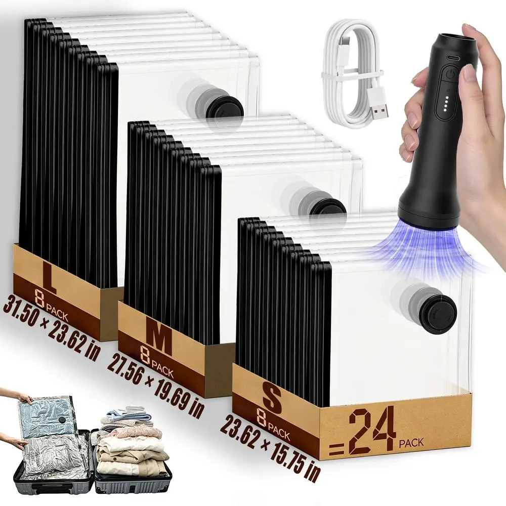 Vacuum storage bags, cordless efficient air extraction, wireless pump compression bundle, waterproof reusable organizers for home closets & travel suitcases, clothing vacuum storage bags