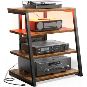 AV Media Stand with Outlets, Vinyl record player stand, Stereo Audio Amplifier stand,Media Console with LED Lights, Stereo Racks and Stands with Storage Shelves, Media Audio Tower Cabinet