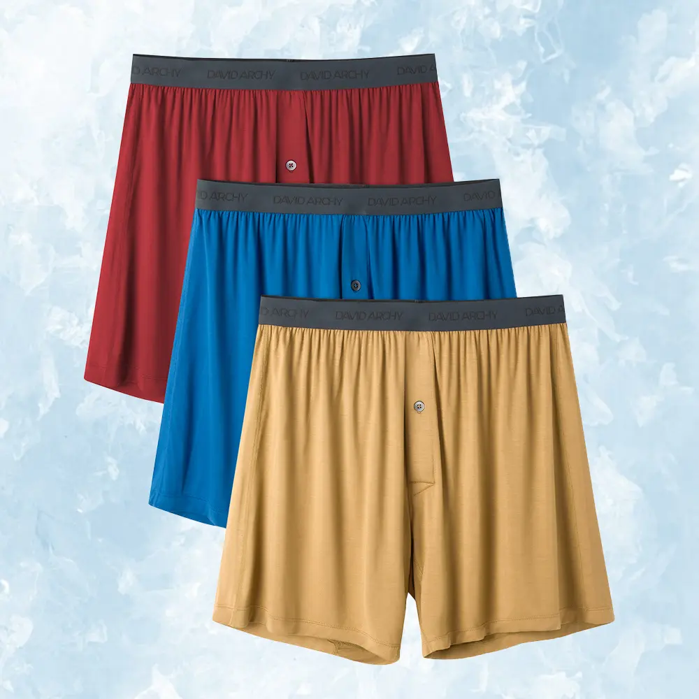 DAVID ARCHY Menswear Men's Plain Bamboo Rayon Boxer Shorts - Silky, Stretchy Spandex Fabric, Smooth, Comfy, Breathable, Cool, Relaxed Fit, Casual, Button Fly, Elastic Waist, 3-Pack - Ideal for Pajama Wear, Fathersdaygift (Beige)