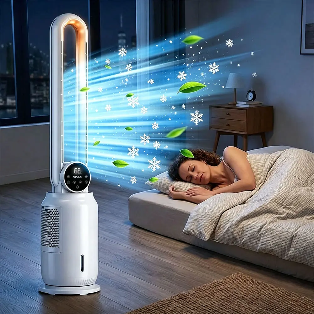 SPZTJK Bladeless Tower Fan & Evaporative Air Cooler. 65W Quiet  Oscillating Standing Fan with 2 Litre Tank & Remote. Air Purifier & 12H Timer. Energy Saving Stylish Modern Decor for Kids Room, Bedroom & Living Room.