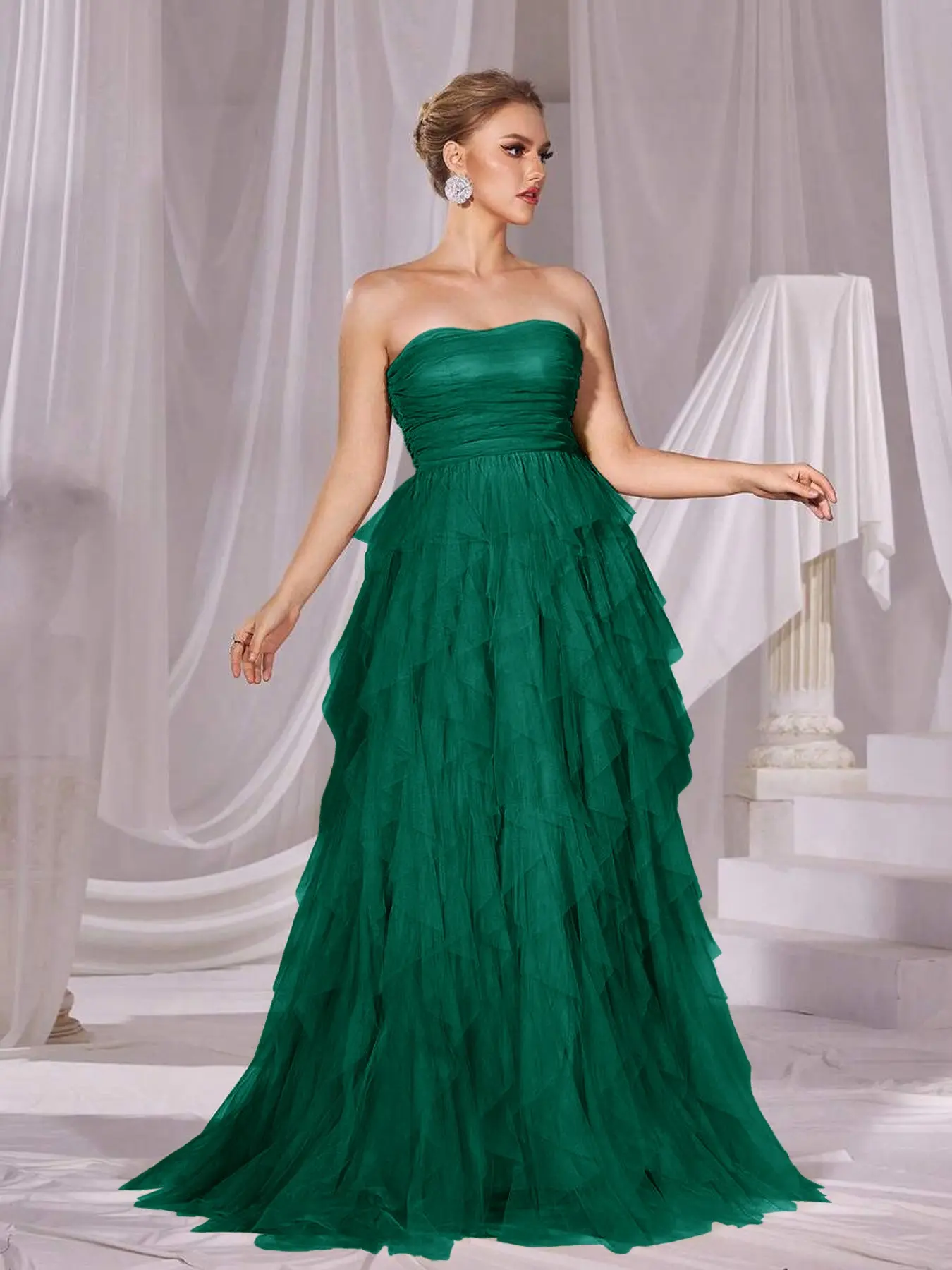 Elegant Layered Mesh Halter Tailored Maxi Dress, Formal Wear, Cool Atmosphere, Perfect for Evening Parties, Fashion Shows, Carpet Events
