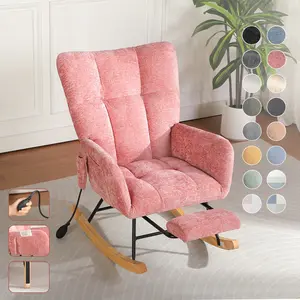 QAK Teddy Fabric Rocking Chair with Pocket, Soft Rocking Chair for Nursery, Comfy Wingback Golider Rocking Chair with Safe Solid Wood Base, Living Room