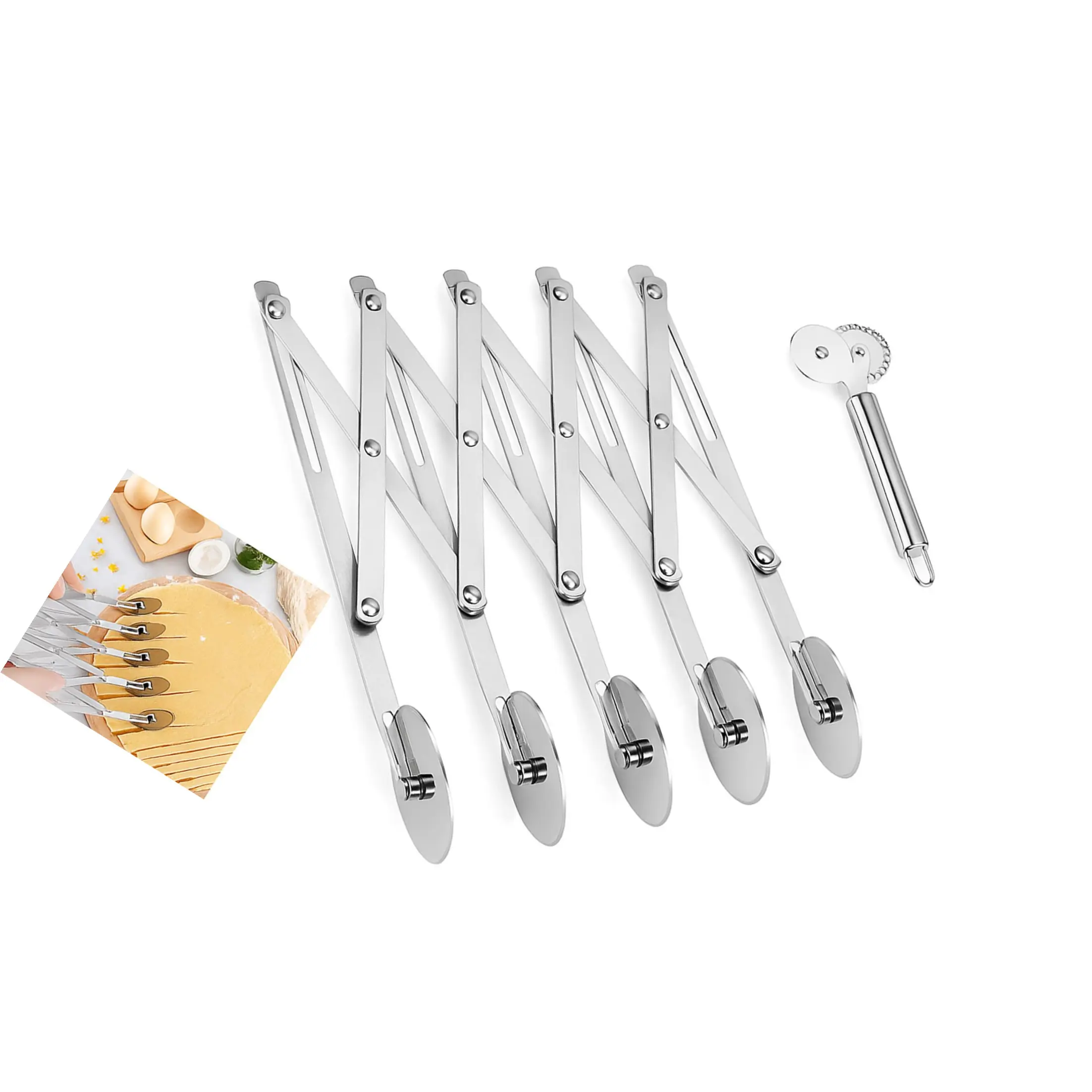 Kitchen Adjustable 5-Wheel Dough Slicer - Precision Stainless Steel Pastry Roller Knife, Even-Cutting Baking Tool for Pizza, Pasta