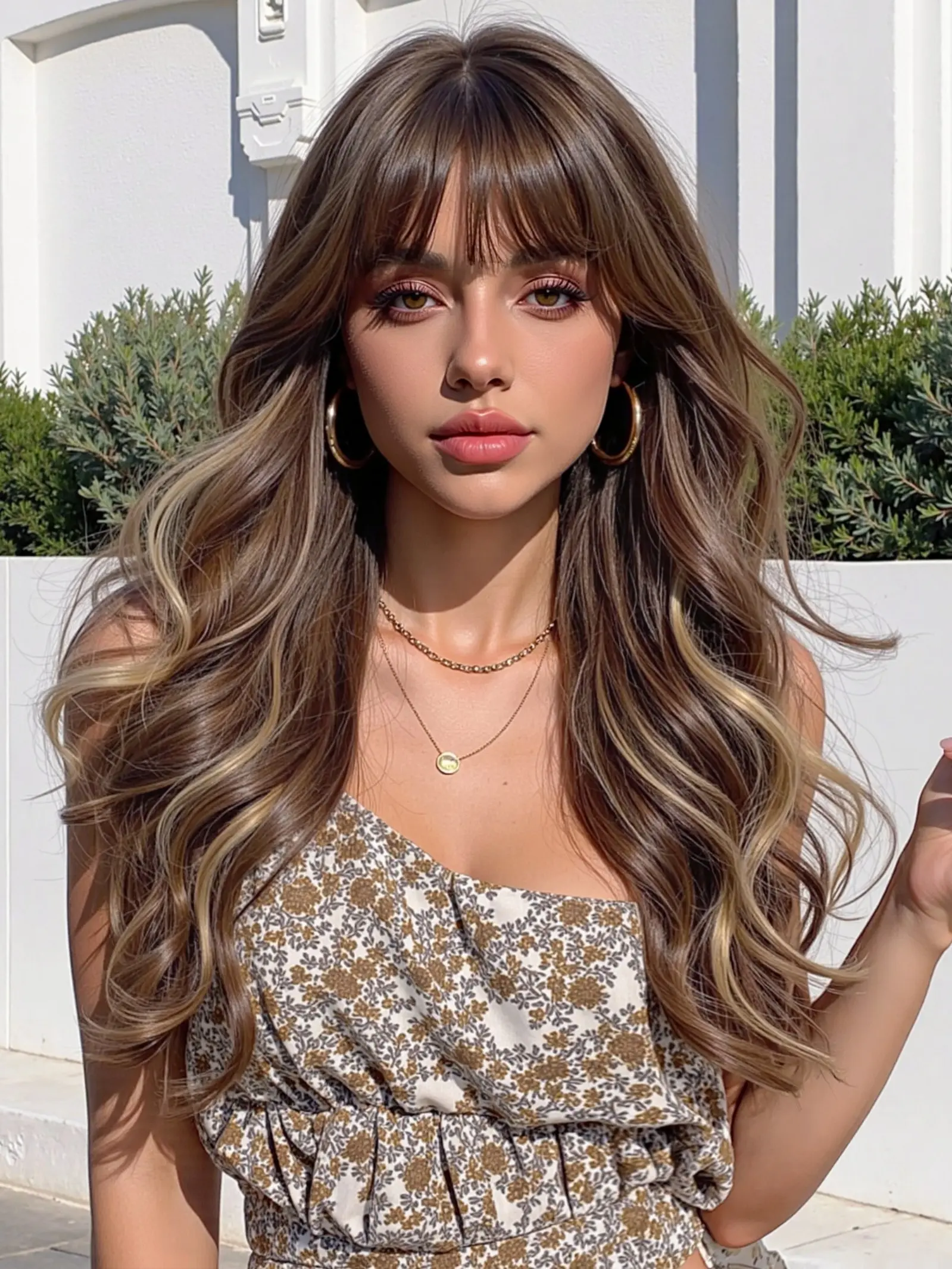 Dark Blonde Highlight Loose Wave Synthetic Hair Wig with Fringe, Heat Resistant Fiber, Wavy Style & Full Bangs, Medium Length, All Seasons, Synthetic Fiber Wigs