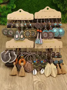 Boho Style Hollow out & Leaf Design Dangle Earrings (12 Pairs), Vintage Style Shell Design Dangle Earrings, Fashion Jewelry for Women, Statement Earrings, Artificial Trendy Jewelry