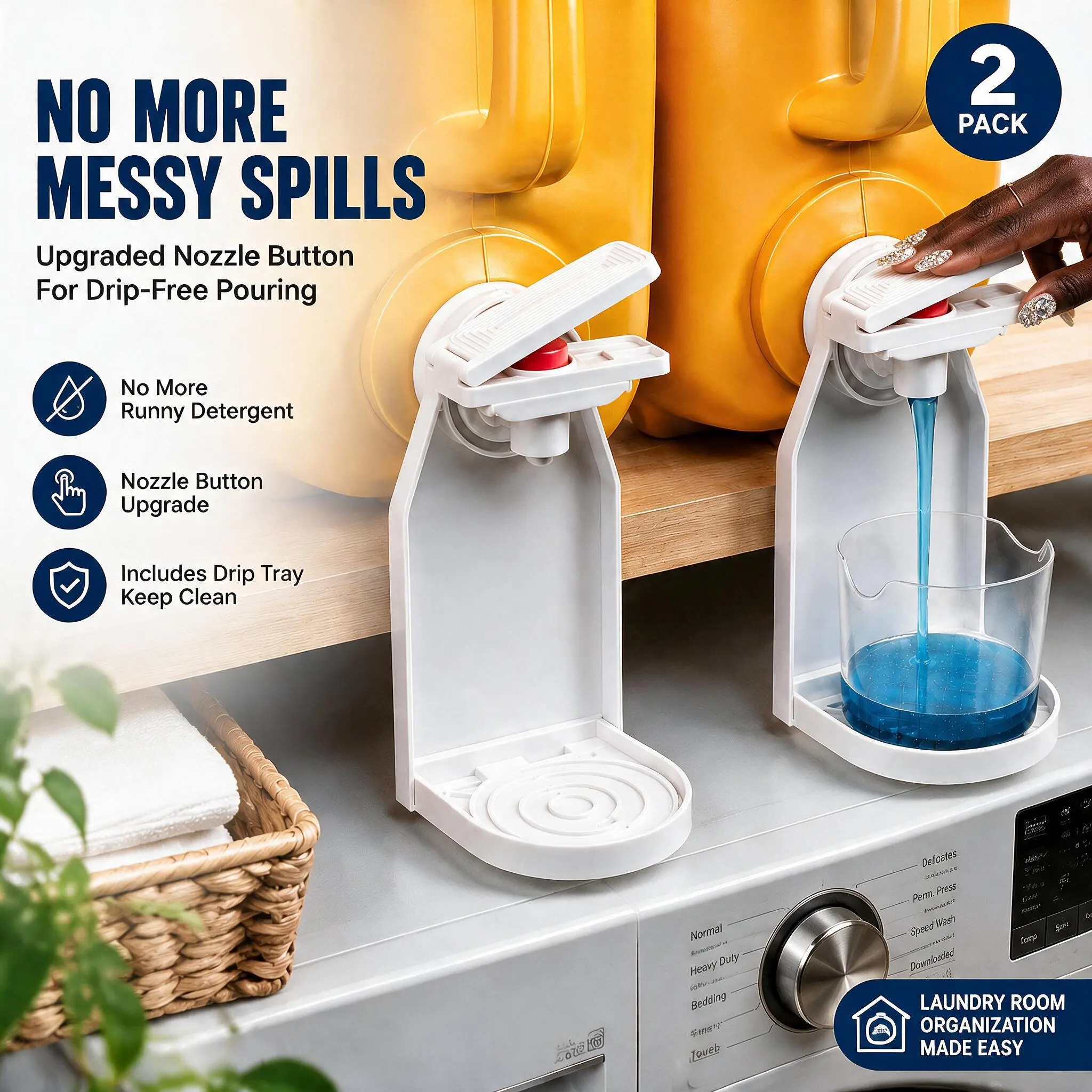Laundry Detergent Dispenser Cup Holder with Upgraded Nozzle, Drip Tray & Easy Switch, No Mess Liquid Organizer for Laundry Room