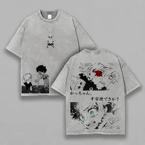 Men's Distressed Vintage Short-Sleeve Round Neck Cartoon T-Shirt - My Hero Academia Izuku Midoriya & Katsuki Bakugo Printed Unisex Washed Figure-Flattering Fathers' Day Gift Top