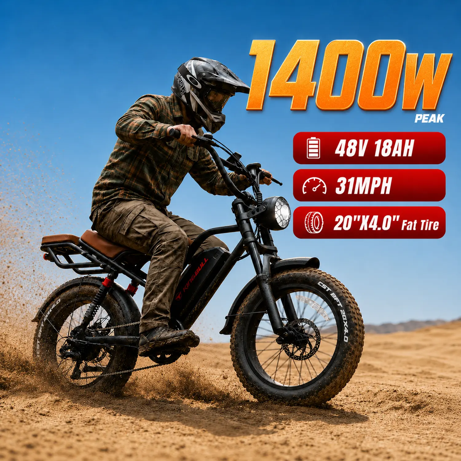 Kingbull Ranger Electric Off-Roading Bicycle - 1400W Peak Power, 31 MPH Top Speed, 80 Mi Range, 48V 18Ah Removable Battery, 2-Seater, 20"x4.0" All-Terrain Tires, Hydraulic Disc Brakes, 7-Speed, LED Light, Suspension for Mountain Biking, Trail Riding, Acce