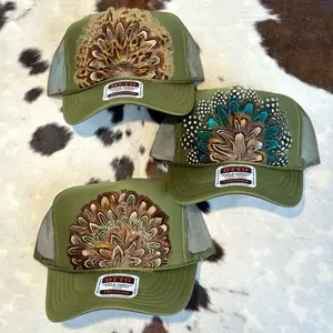 Otto Western Feather Crown Trucker Hat Green - 1970s Inspired Semi-Structured Foam Hat with Unique Feather Design Snap Closure & Curved Visor