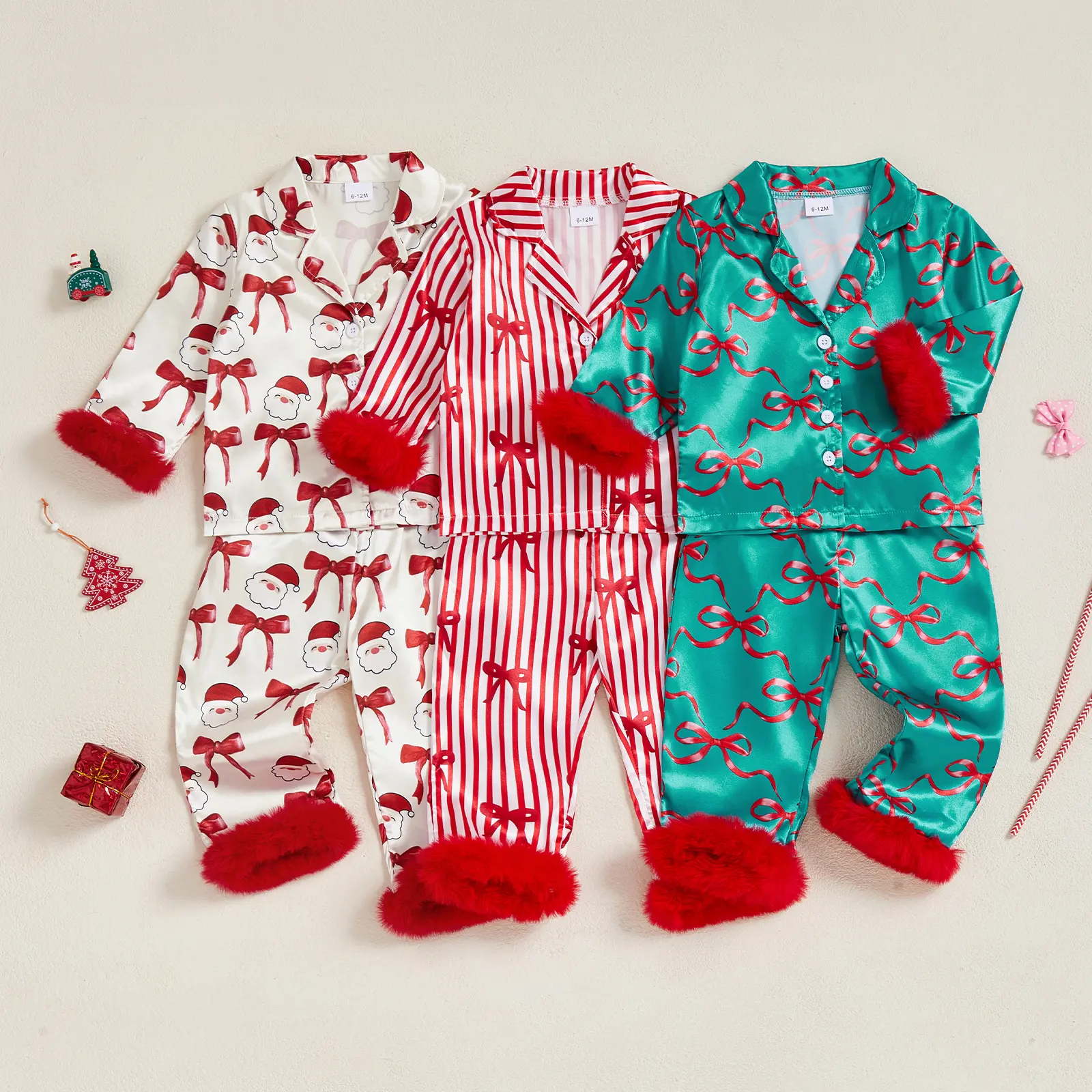 Kids Girls Silk Christmas Pajamas Set, Bow Print Long Sleeve Tops with Feathers Elastic Waist Pants Sleepwear