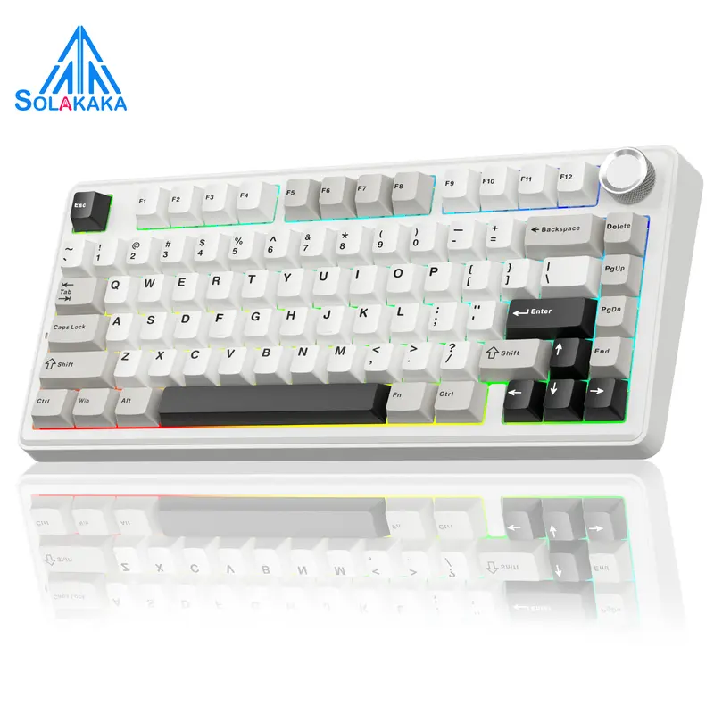 SOLAKAKA A75 75% Wireless Mechanical Keyboard – Hot-swappable RGB gaming keyboard with a sealed design, smooth feel, PBT keycaps, and rotary controls. A creamy keyboard suitable for PC/Mac gaming devices.