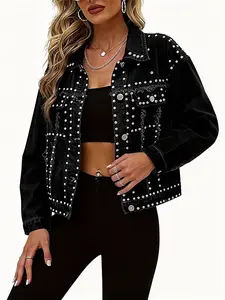 Designer style personalized heavy-duty rivet women's denim jacket with studs and diamonds, fashionable and versatile women's jacket, black women's top Womenswear Outerwear Coats Casual Breathable Minimalist Breathable Outdoor