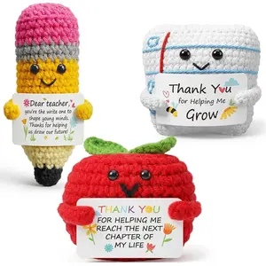 Teacher Crochet Figures Appreciation Gifts 3pcs Handmade Crochet Gift Cute Pencil Apple with Inspirational Quotes Thank You Teacher Emotional Suppprt Gifts for School Teacher for Helping Me Grow, End of Year Gifts for Women Men