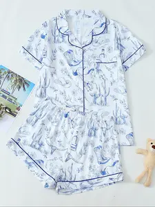 Women's All Over Print Top & Shorts Pyjama, Casual Comfy Short Sleeve Top & Shorts Pj Set, Pajama Shorts Set, Ladies Sleepwear for Summer, Loungewear