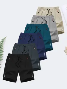 6-piece set, men's zipper pocket shorts, summer ice silk beach shorts, ice-sense quick-dry sports casual pants, basketball shorts thin, plus-size men's clothing reflective strip design, Menswear，Plain Trouser，suitable for running and fitness. Beige,summer