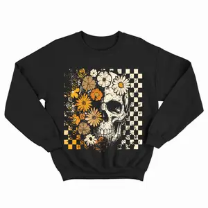 Retro Floral Skeleton Sweatshirt, Funny Checkered Skeleton Halloween T-shirt , Preppy Halloween, Trendy Halloween, Spooky Season Cotton Fit Casual Fleece