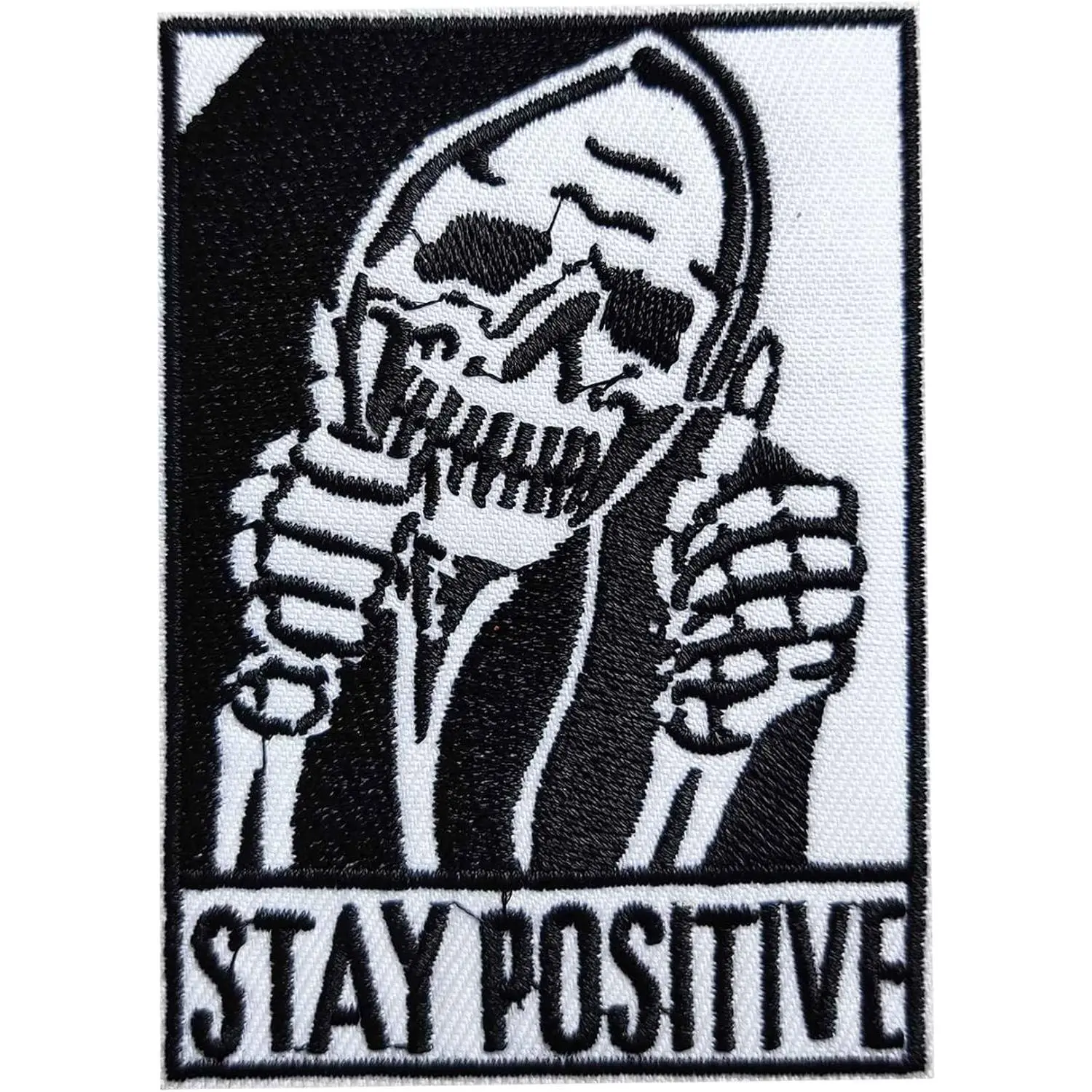 Stay Positive Thumbs-up Skull Iron On Sew On Patch, Embroidered Motivation Punk Skull Patch Emblem Badge for Clothes Hats Bags Shoes Backpacks Jeans