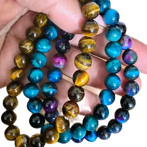 Tigers Eye Bracelets Variety - Natural Brown,  Mystic Blue and Galaxy Rainbow Crystal Beaded Bracelets 8mm daily use