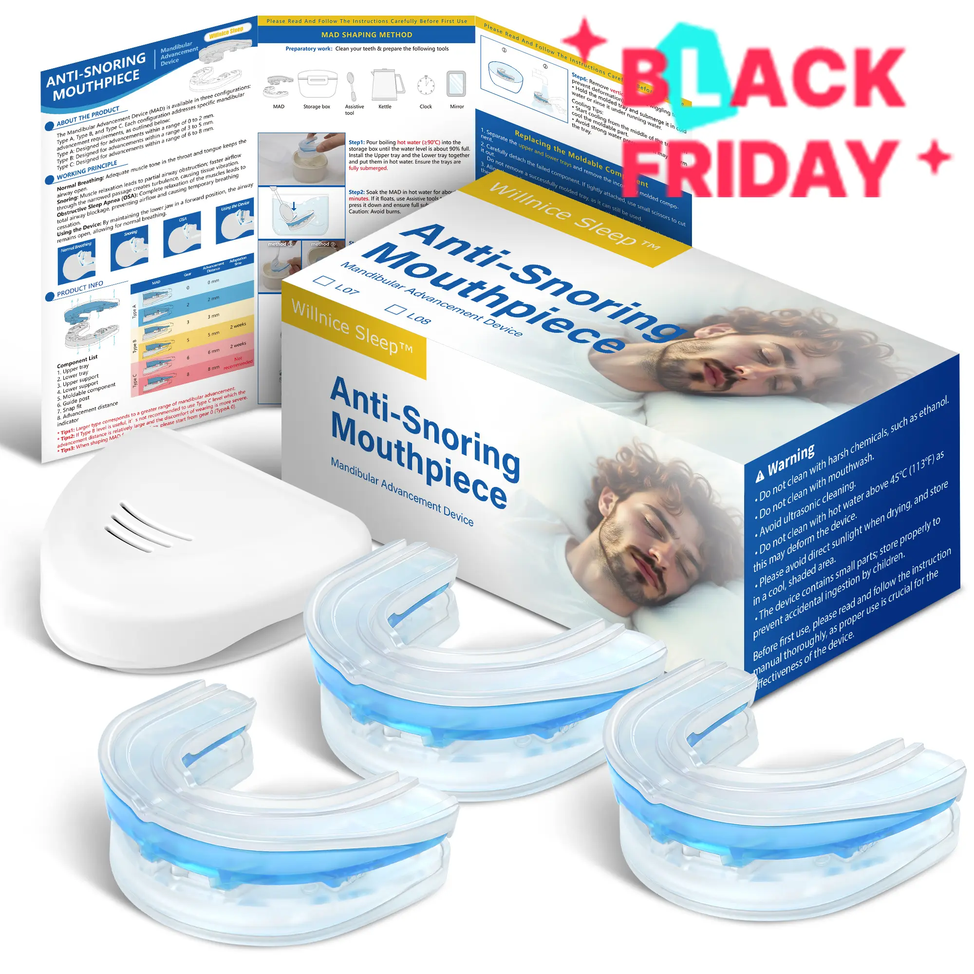 Willnice Anti-Snoring Mouthpiece for Snoring Relief, FDA Cleared, Customizable Jaw Support, Effective Solution for Men & Women, Black Friday Flash Sale